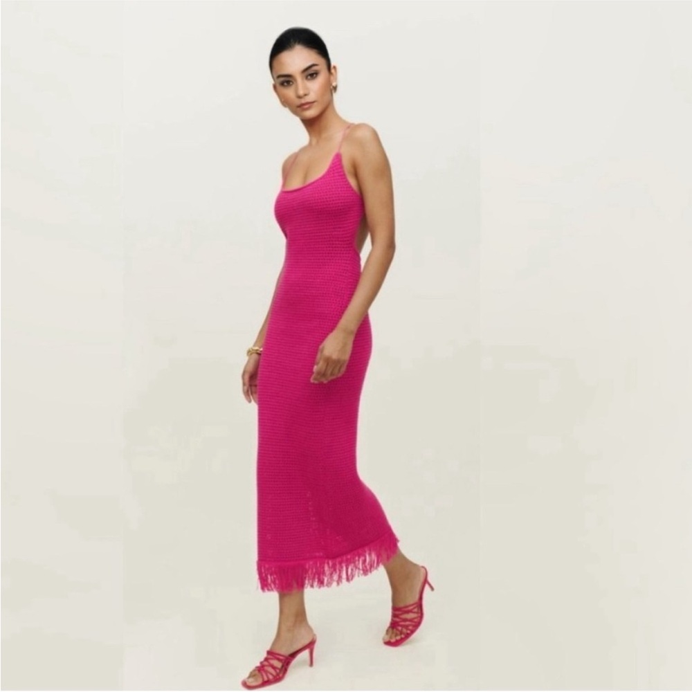Reformation Alexina Open Back Knit Fringe Pink Dress